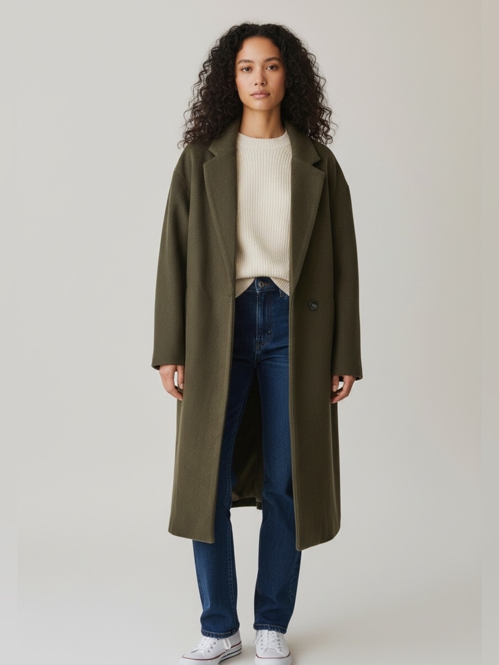 Olive Green Women's Wool-Blend Long Coat
